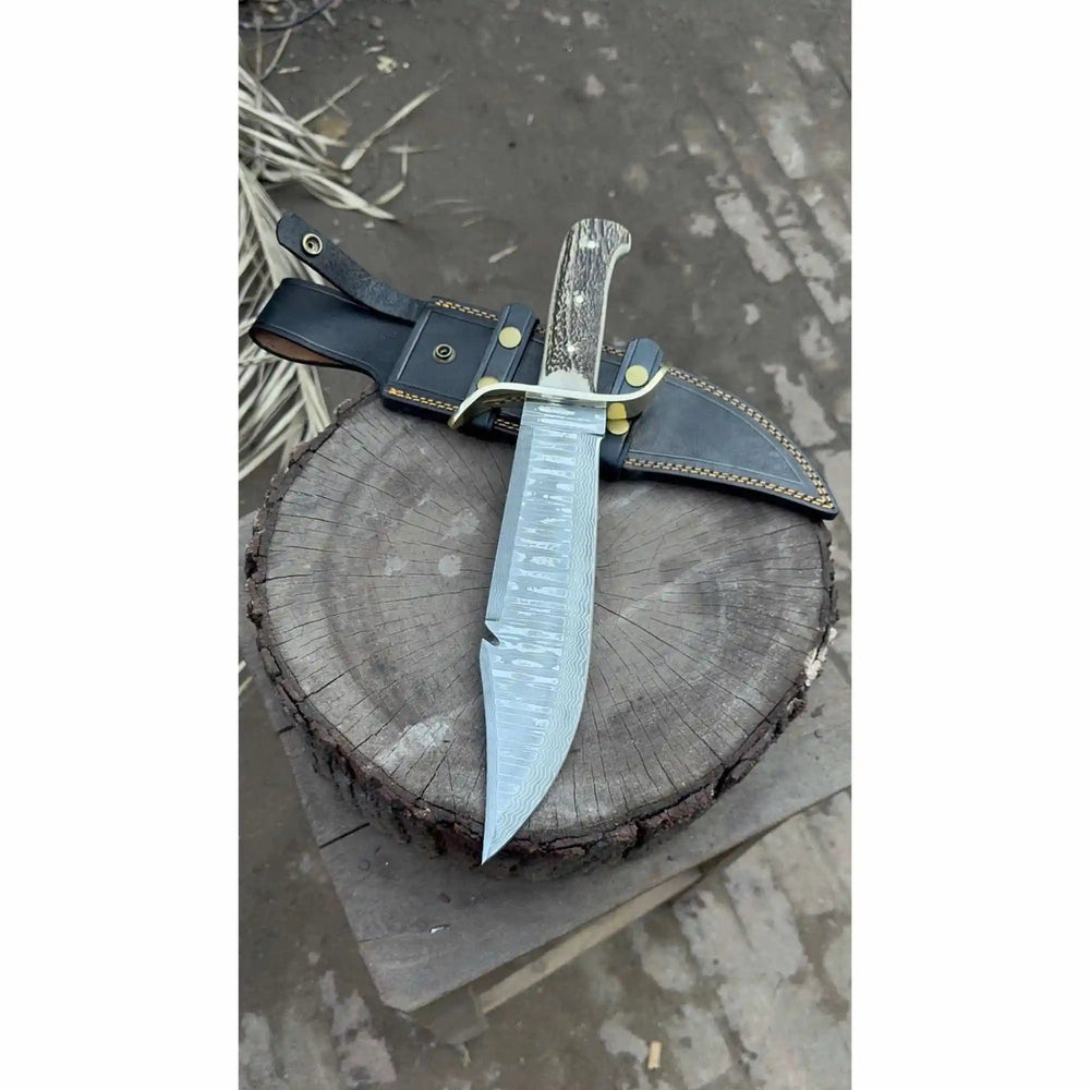 Frontier Bowie Style Hand Forged Damascus Steel Knife with Brass S - Guard, Clip Point Blade, Cut Hook, Stag Handle, Full Tang with Leather Sheath – JW SteelCrafts handmade Frontier Bowie Knives by JW SteelCrafts