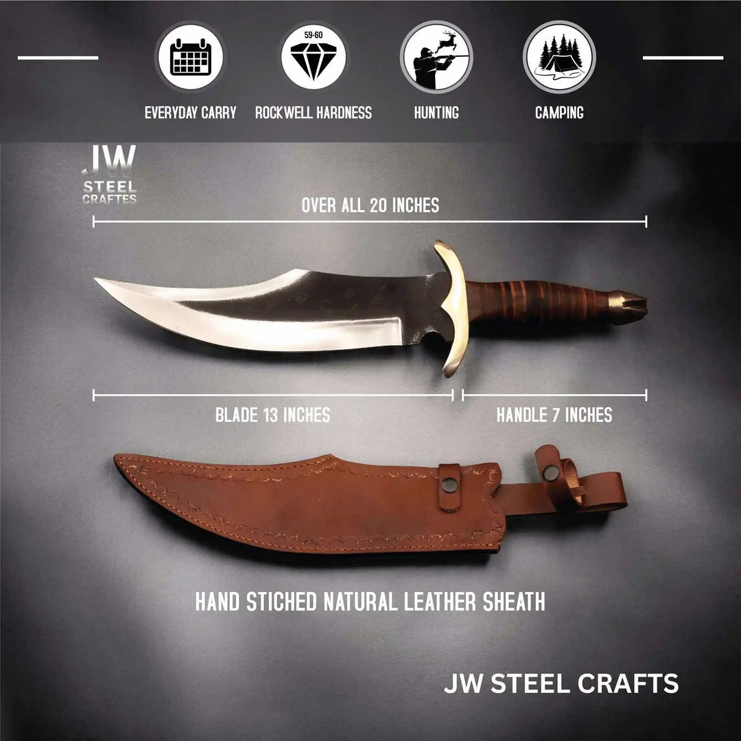 Handmade Frontier Bowie Knife - High Carbon Steel, Leather Handle, Brass Crossguard handmade 