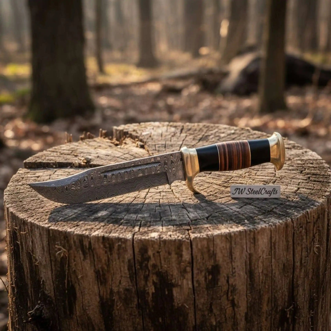 Frontier Clip Point Bowie Knife, Hand Forged Damascus Steel Blade, Stacked Wood Handle, Custom Fixed Blade, JW SteelCrafts handmade Clip Point Bowie Knives by JW SteelCrafts