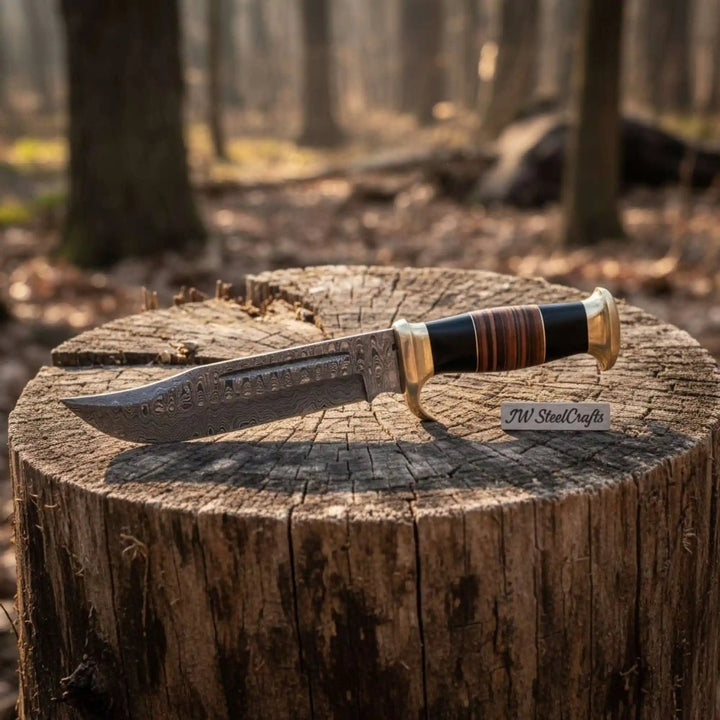 Frontier Clip Point Bowie Knife, Hand Forged Damascus Steel Blade, Stacked Wood Handle, Custom Fixed Blade, JW SteelCrafts handmade Clip Point Bowie Knives by JW SteelCrafts