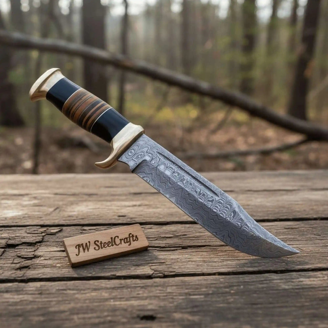 Frontier Clip Point Bowie Knife, Hand Forged Damascus Steel Blade, Stacked Wood Handle, Custom Fixed Blade, JW SteelCrafts handmade Clip Point Bowie Knives by JW SteelCrafts