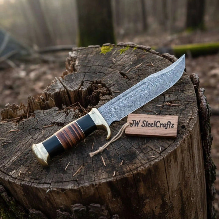 Frontier Clip Point Bowie Knife, Hand Forged Damascus Steel Blade, Stacked Wood Handle, Custom Fixed Blade, JW SteelCrafts handmade Clip Point Bowie Knives by JW SteelCrafts