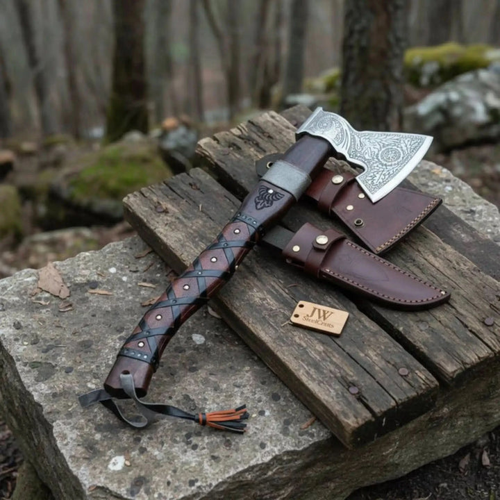 Graveoak-inspired Viking war hatchet with polished silver blade engravings and handcrafted wooden textures.