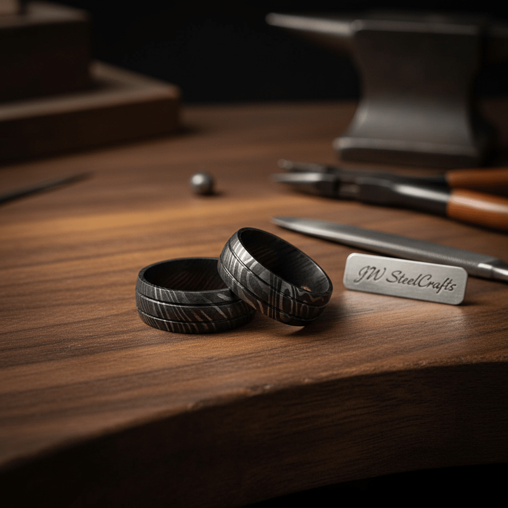 Full Handmade Damascus Steel Dual lines Dome Engagement/Wedding Ring Unisex 1pc DE - 0010 handmade Ring by JW SteelCrafts