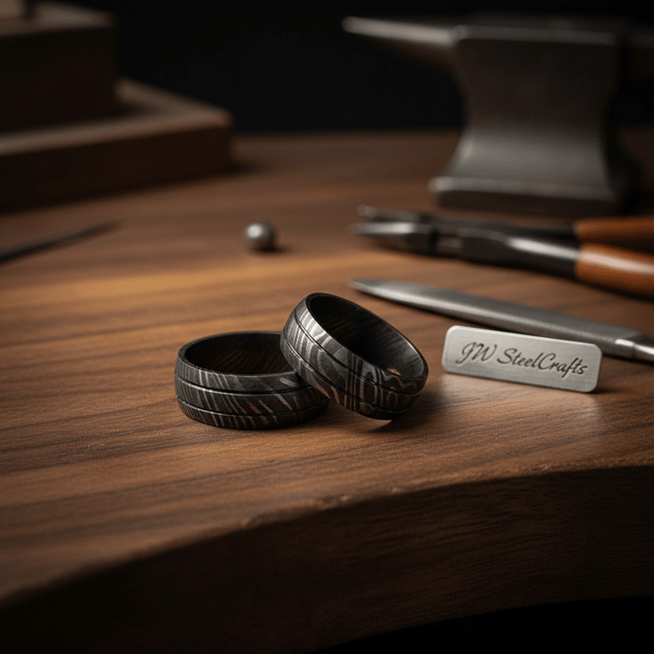 Full Handmade Damascus Steel Dual lines Dome Engagement/Wedding Ring Unisex 1pc DE - 0010 handmade Ring by JW SteelCrafts