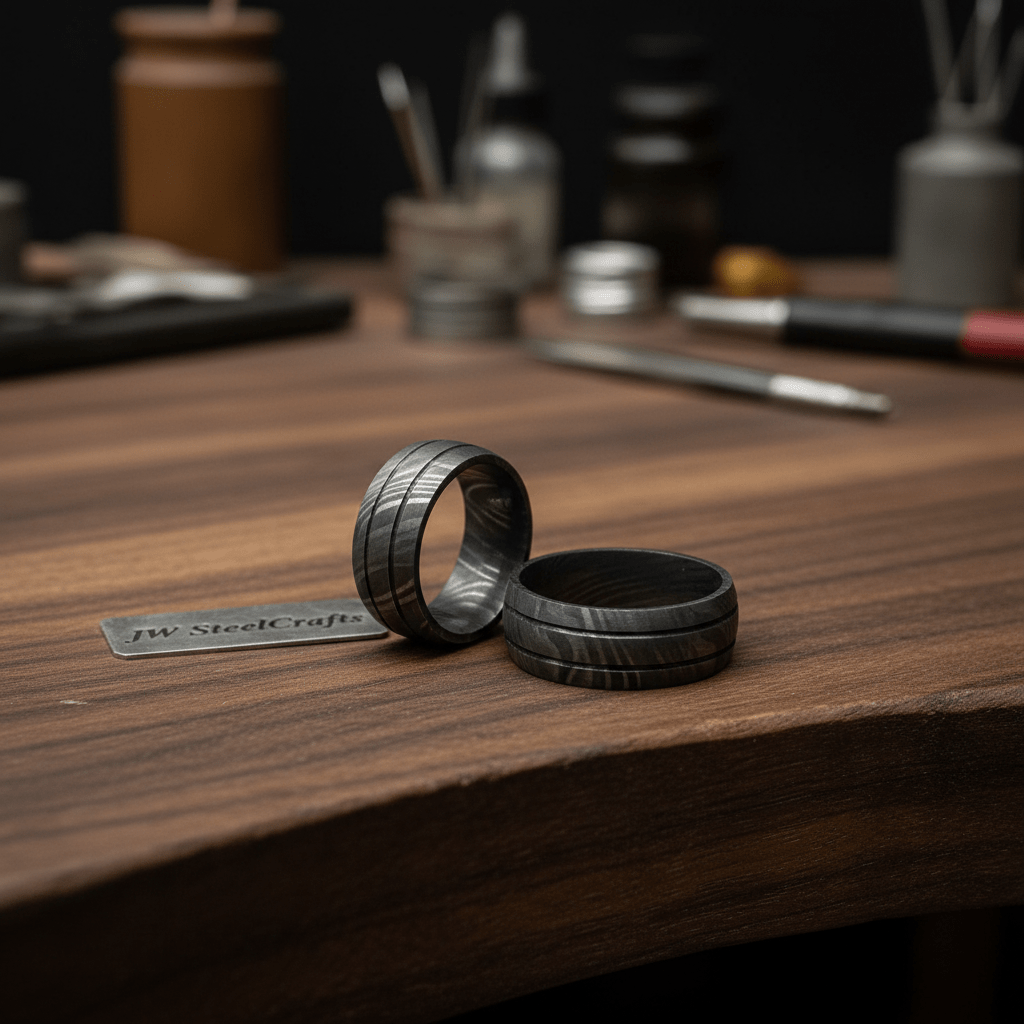Full Handmade Damascus Steel Dual lines Dome Engagement/Wedding Ring Unisex 1pc DE - 0010 handmade Ring by JW SteelCrafts