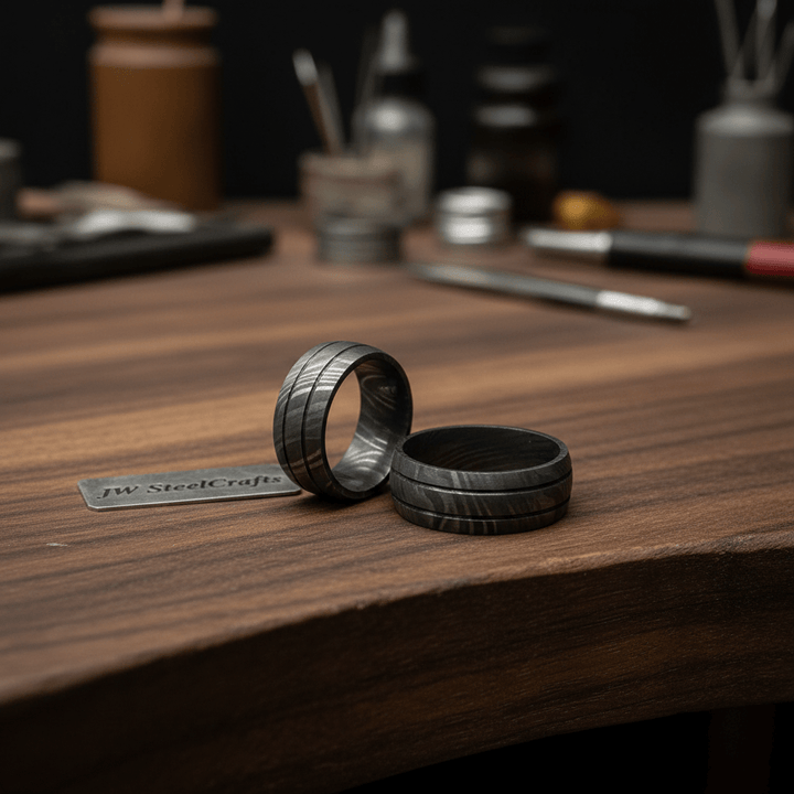 Full Handmade Damascus Steel Dual lines Dome Engagement/Wedding Ring Unisex 1pc DE - 0010 handmade Ring by JW SteelCrafts