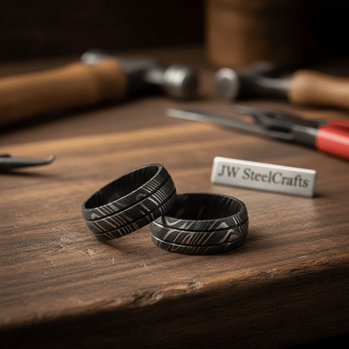 Full Handmade Damascus Steel Dual lines Dome Engagement/Wedding Ring Unisex 1pc DE - 0010 handmade Ring by JW SteelCrafts