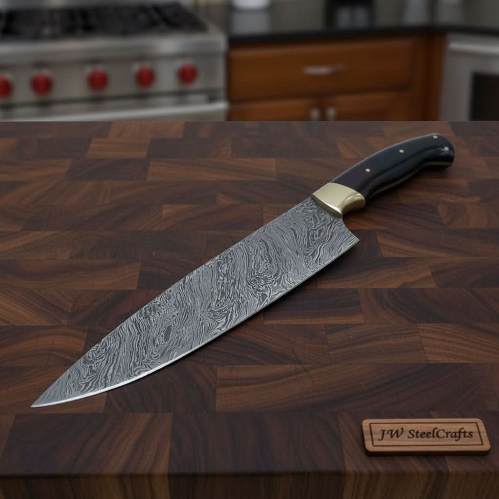     Large Damascus kitchen knife with black handle positioned on a premium end-grain butcher block.