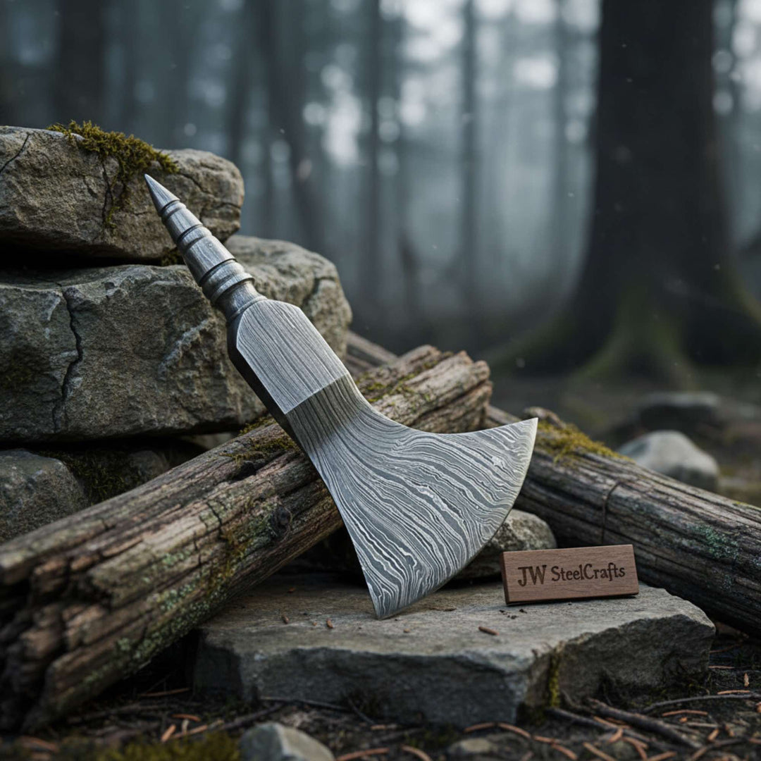     Damascus steel throwing axe with polished metal handle and patterned blade placed on stone slab in misty woods.