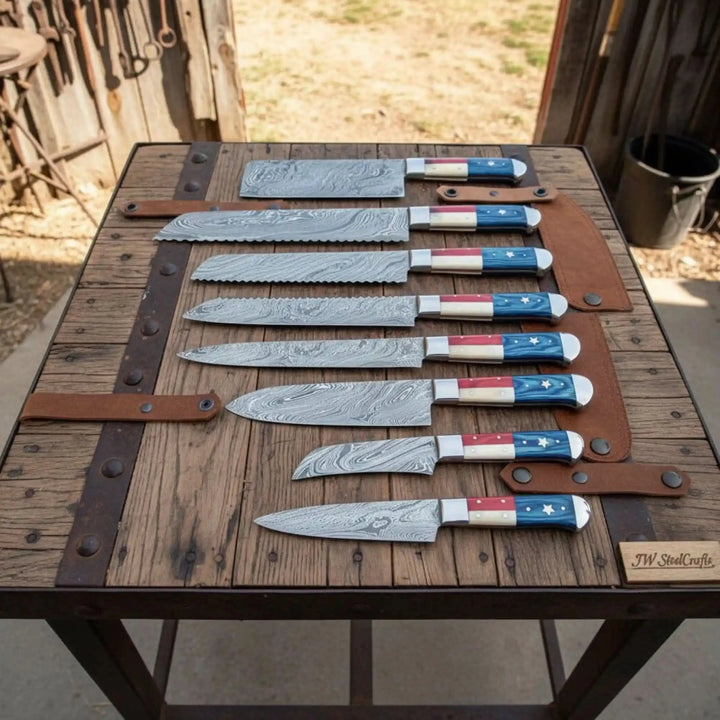 Texas Flag Handle Damascus Kitchen Knife Set, Full Tang Chef Knife Collection with Leather Roll handmade Handmade Chef Knife Sets 