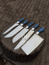 Load image into Gallery viewer, Hand-forged 5-piece custom kitchen knife set with blue and wood handles – includes cleaver, chef, butcher, and utility knives