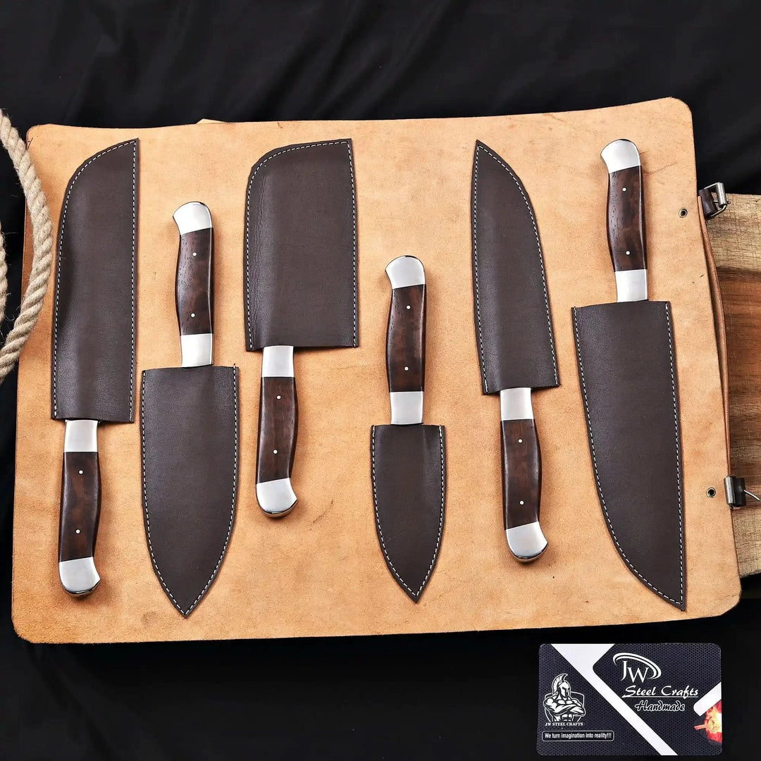 Leather roll knife set with covered chef santoku utility and paring knives