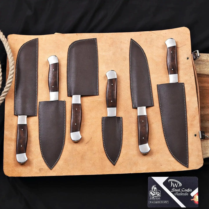 Leather roll knife set with covered chef santoku utility and paring knives