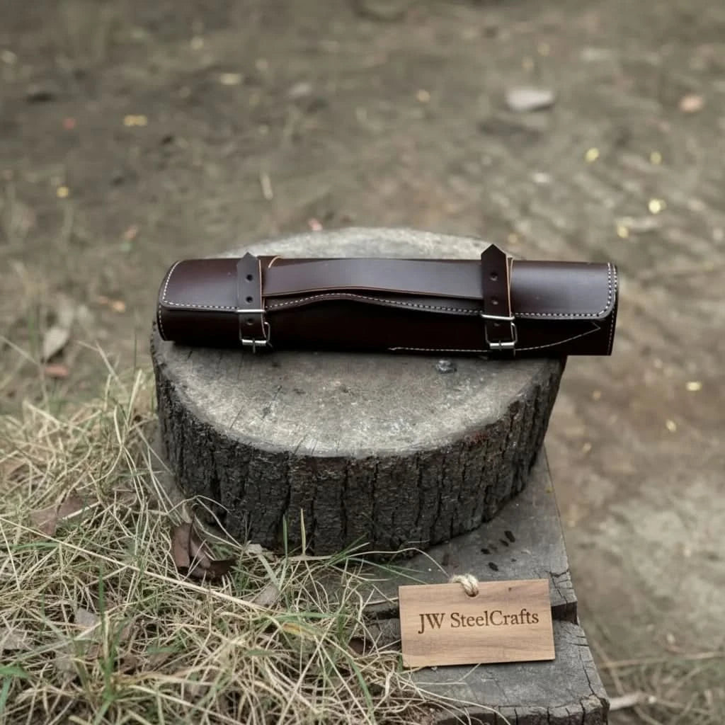 Portable genuine leather chef knife storage roll in dark espresso brown with double belt buckle straps resting on a wooden stump in natural light
