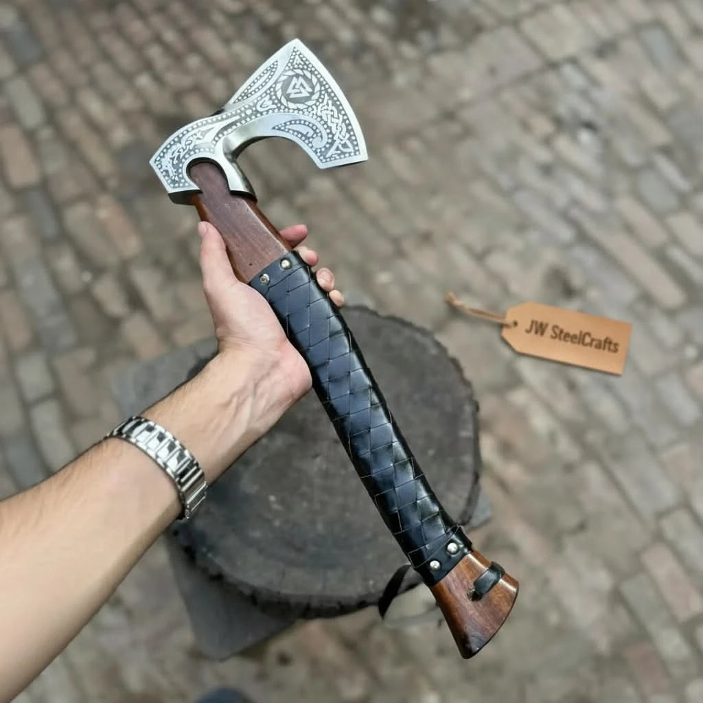 Hearthfang-themed Nordic combat axe showcasing handcrafted wooden textures and black leather handle wrapping.