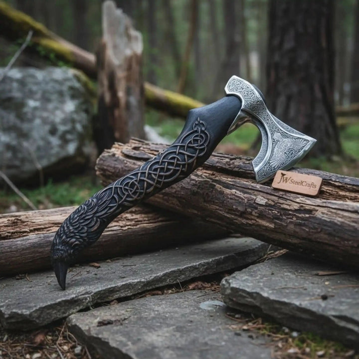 Jaggedrune-themed Norse war axe displaying ornate silver engravings and carved raven-tail wooden handle.