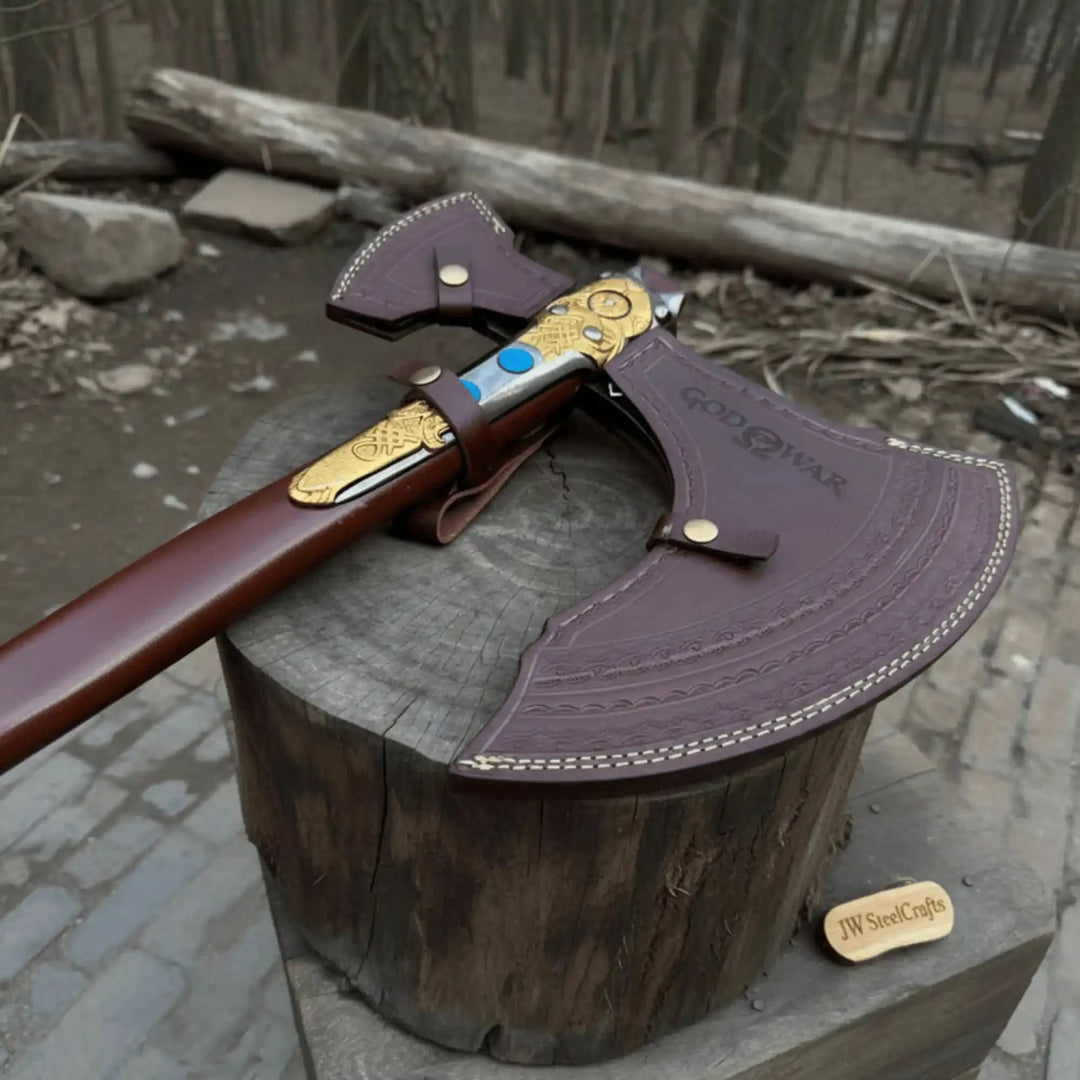 Premium battle axe displayed on a wooden stump from a diagonal angle with detailed leather blade cover and forest background.