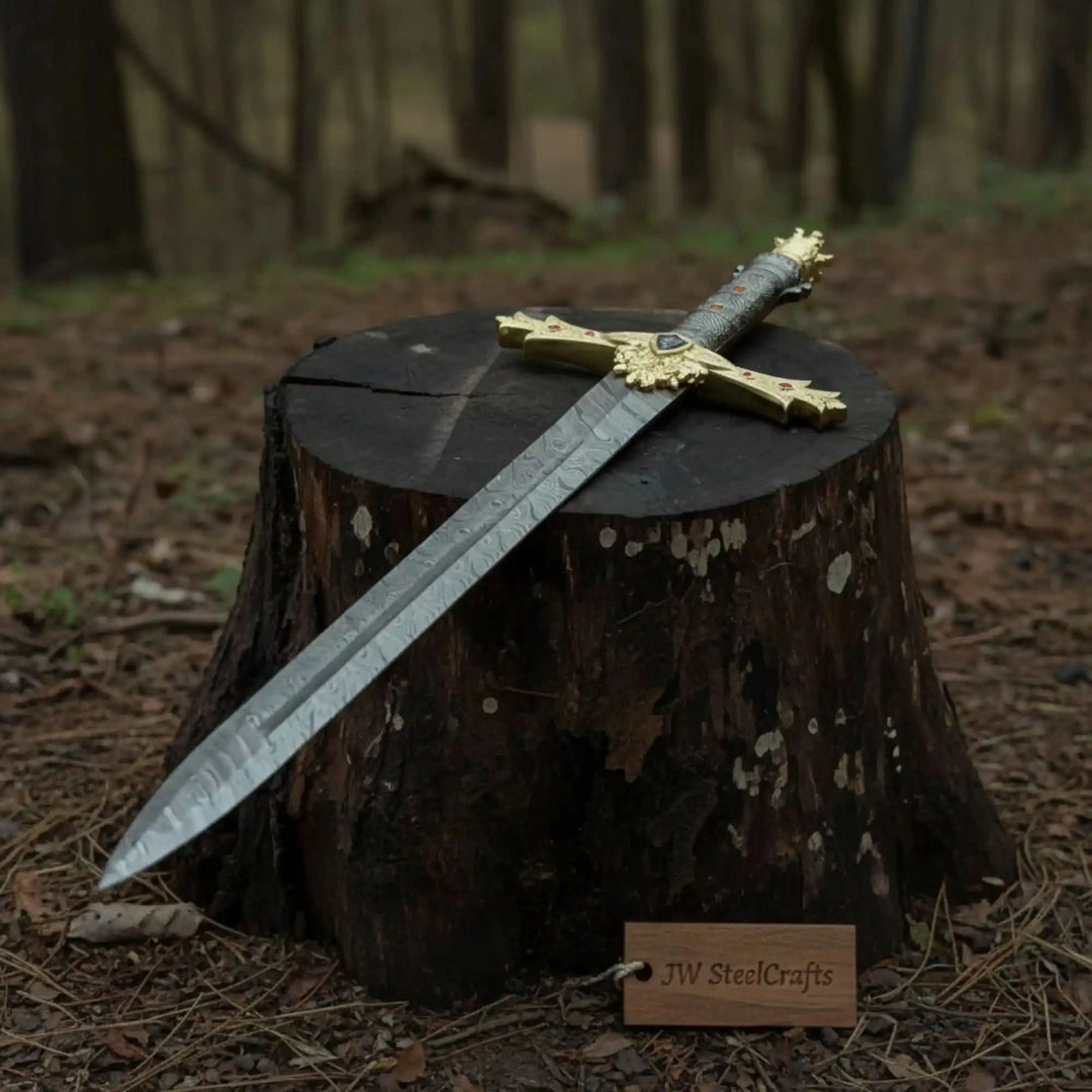 luxury collector's sword by JW SteelCrafts with a flowing Damascus steel blade, ornate gold crossguard with red stones, and a wrapped grip with gold pommel.