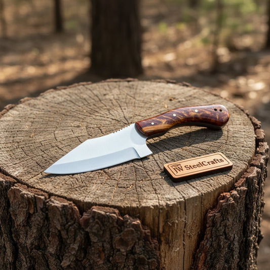 Handmade Stainless Steel Outdoor Knife – Red Swirl Resin Handle | Leather Sheath – JW SteelCrafts handmade Skinner Knife by JW SteelCrafts