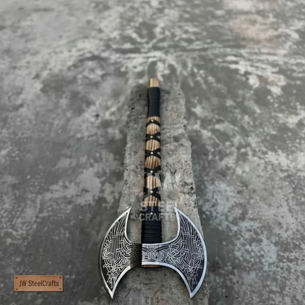 Hand engraved double headed Viking axe displayed on a roof