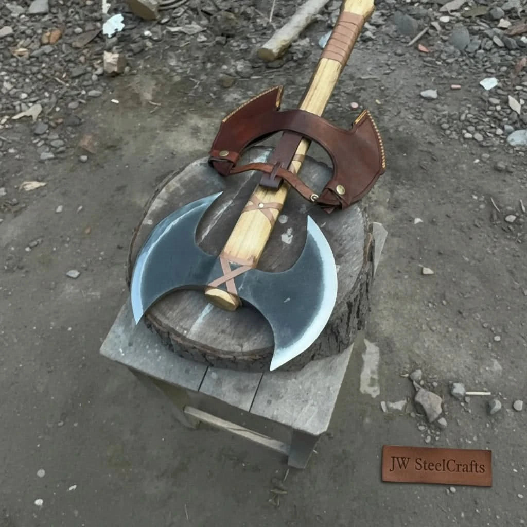 Hearthclaw-themed Nordic war halberd featuring handcrafted double blades and smooth wooden craftsmanship.