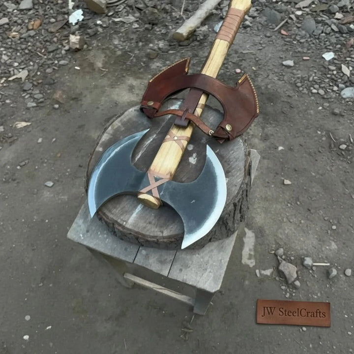 Hearthclaw-themed Nordic war halberd featuring handcrafted double blades and smooth wooden craftsmanship.