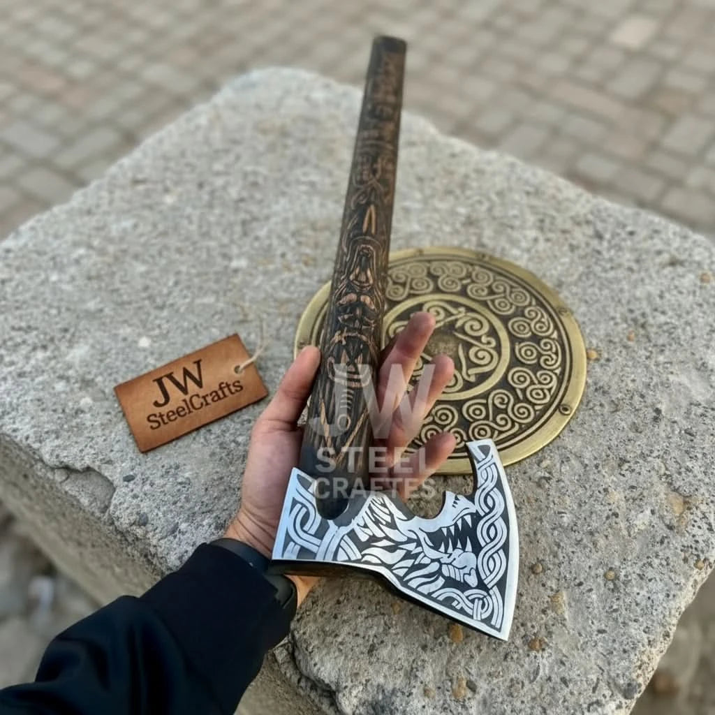 Hearthstone-themed Nordic war axe displayed with a carved Viking shield featuring intricate Celtic-inspired patterns.