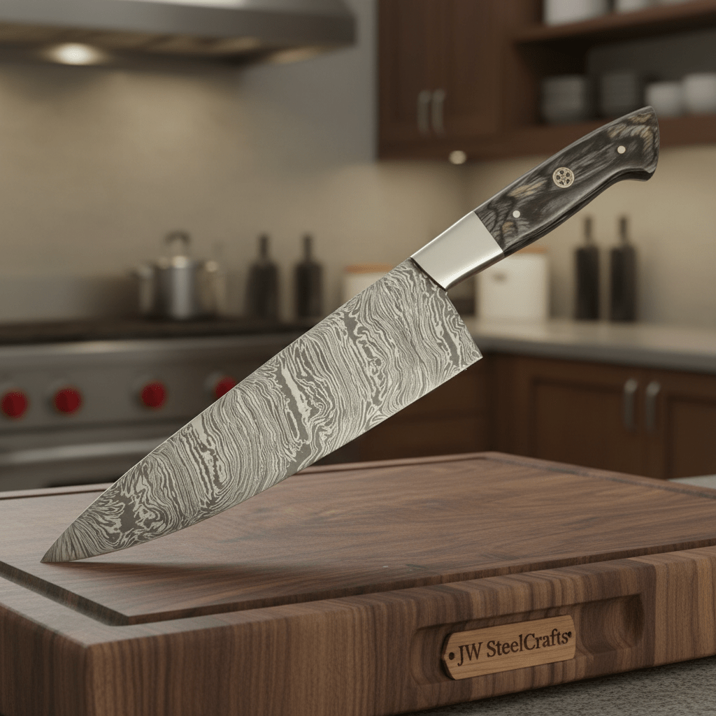     Demonstrating Damascus steel workmanship, the chef knife is shown above a walnut butcher block.