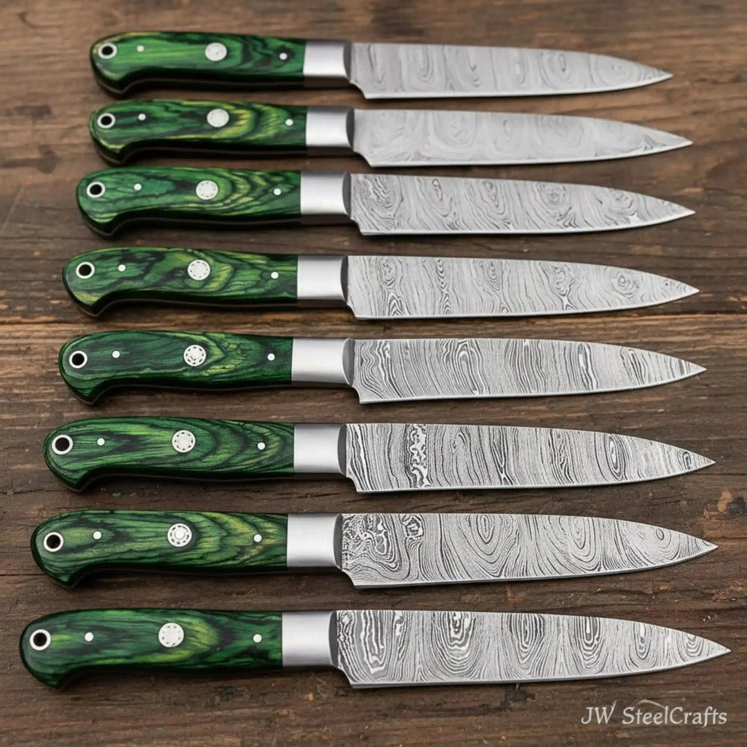 Rustic wooden background enhances the handcrafted appearance and premium kitchen cutlery design.