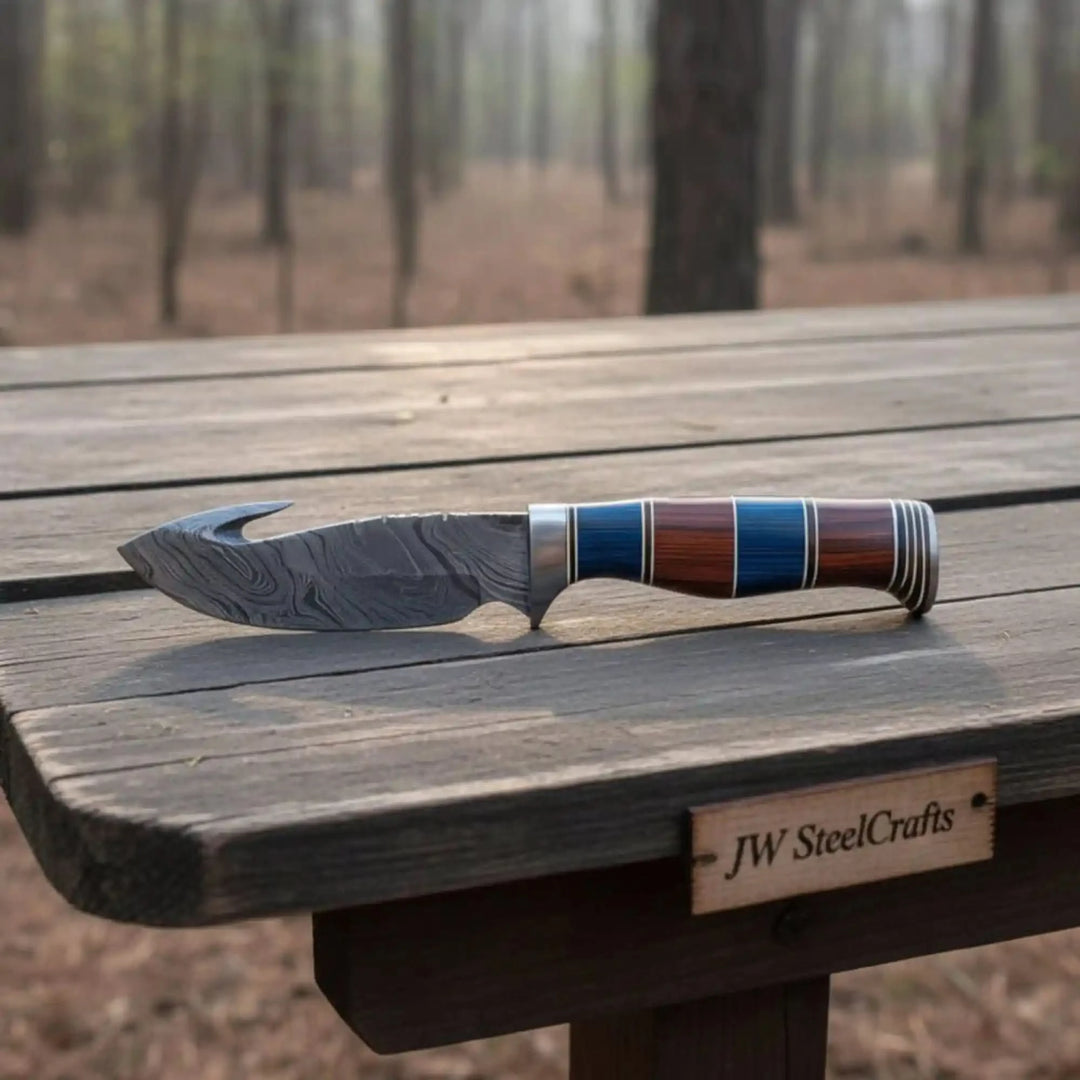 skinning knife with gut hook blade, Damascus steel pattern, stacked handle rings, and weathered wood table.