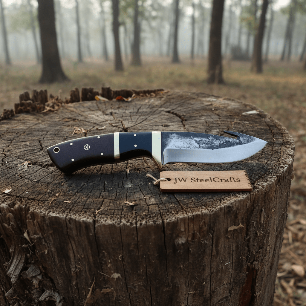 Gut hook knife with wood and brass handle. handmade Handmade Gut Hook Knives by JW SteelCrafts