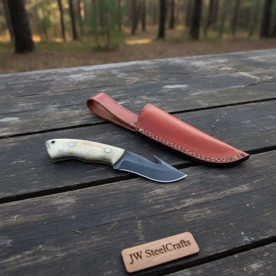 Outdoor gut hook hunting knife with cream handle, dark blade, brown leather sheath, and forest campsite background.
