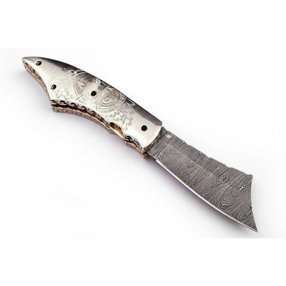 Hand Engraved Damascus Folding Knife with Skull Design & Brass Liners – Collector Pocket Knife handmade Liner Lock Folder by JW SteelCrafts