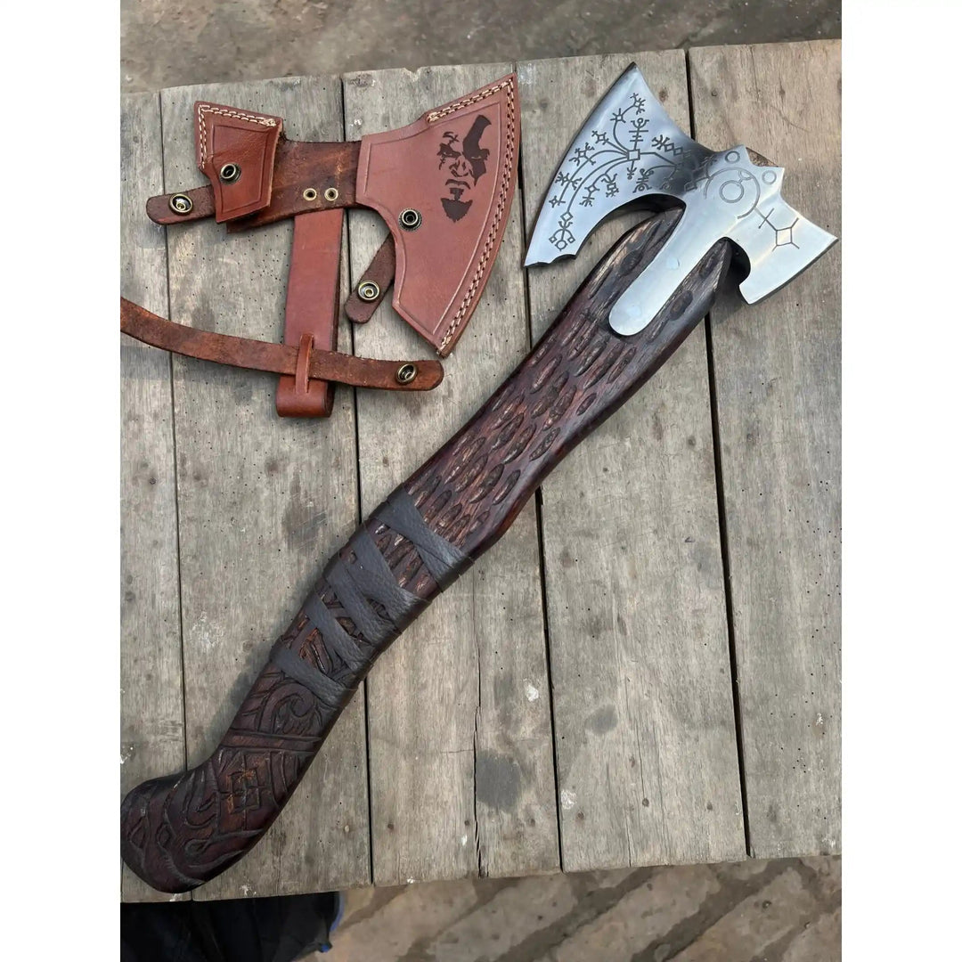 Handcrafted Viking Axe with Norse Rune Detailing | Authentic Damascus Steel Collector&