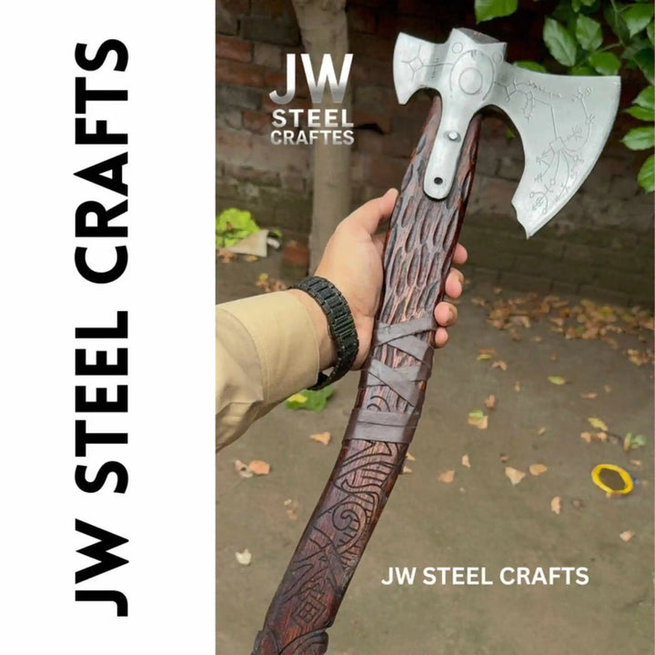 JW SteelCrafts carbon steel Viking double-bit axe displayed on dark wood surface with rune etching and leather sheath visible