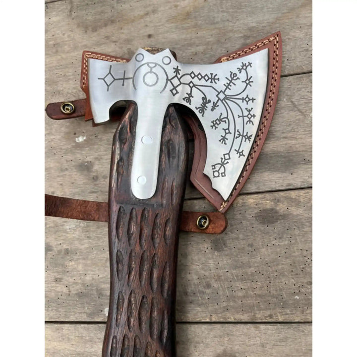 Handcrafted Viking Axe with Norse Rune Detailing | Authentic Damascus Steel Collector&