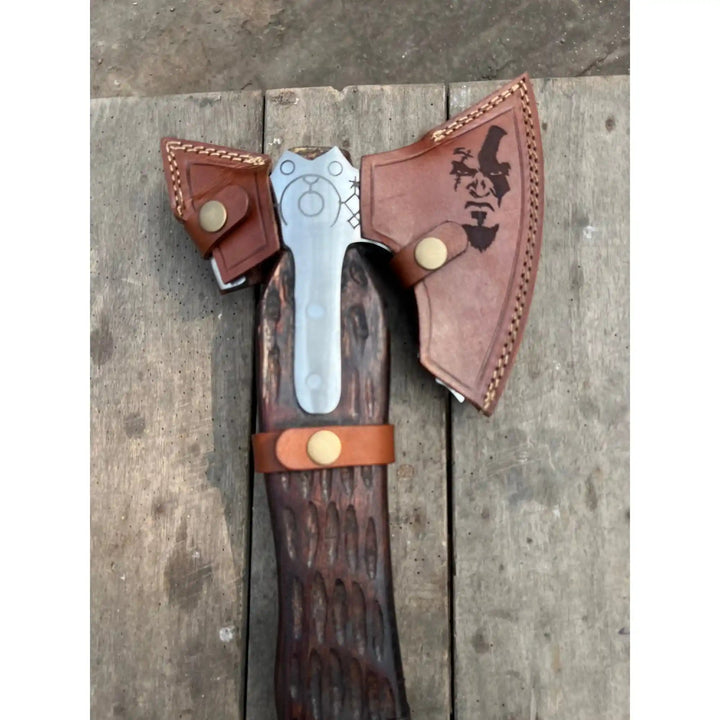 JW SteelCrafts hand engraved Viking double-bit axe with Norse rune head and leather sheath ready for display or gifting