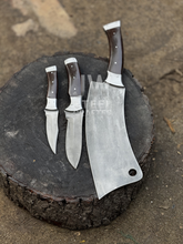 Load image into Gallery viewer, Handmade 3-Piece Knife Set – Cleaver &amp; Hunting Knives with Wooden Handle