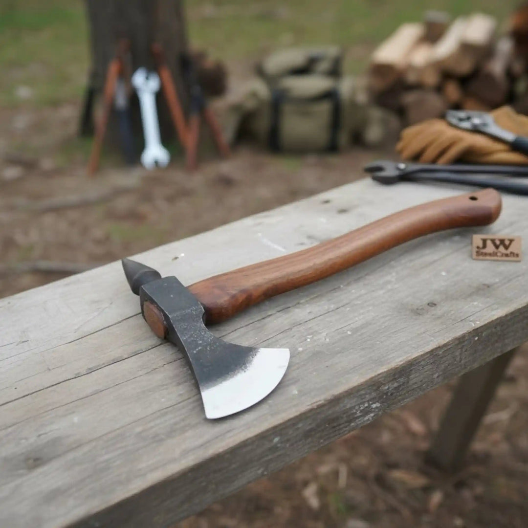 Hand - Forged Bearded Spike Poll Bushcraft Axe with Hardwood Handle handmade Handmade Axe by JW SteelCrafts