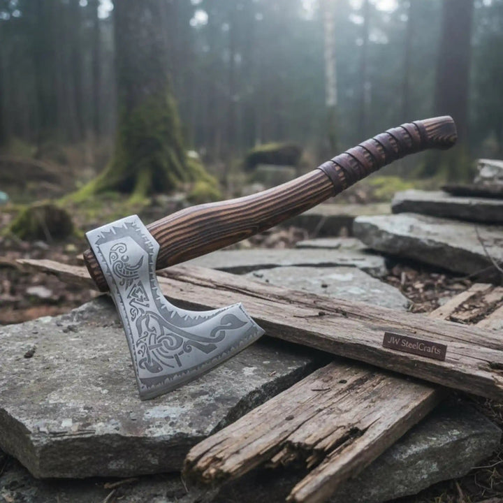 Hand - Forged Carbon Steel Viking Axe | Carved Ash Wood Handle | Leather Wrap Grip | JW SteelCrafts handmade Handmade Axe by JW SteelCrafts