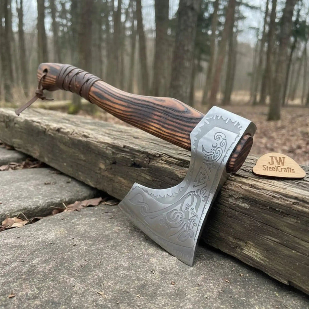 Hand - Forged Carbon Steel Viking Axe | Carved Ash Wood Handle | Leather Wrap Grip | JW SteelCrafts handmade Handmade Axe by JW SteelCrafts