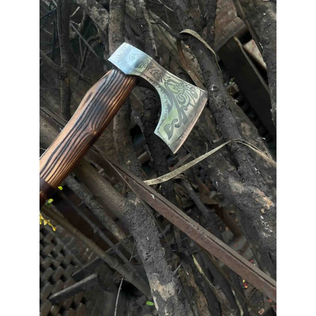 Hand - Forged Carbon Steel Viking Axe | Carved Ash Wood Handle | Leather Wrap Grip | JW SteelCrafts handmade Handmade Axe by JW SteelCrafts