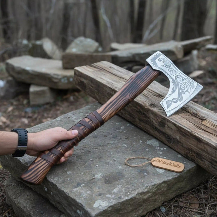 Carbon steel Viking bearded axe side profile showing hand forged head and ash wood grain handle detail