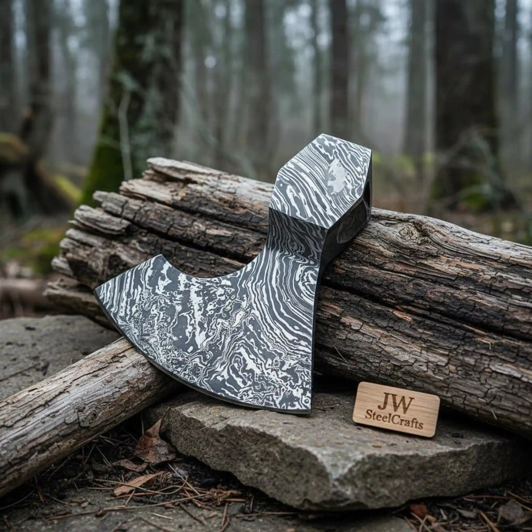     Patterned Damascus survival axe head with bold forged steel texture displayed beside timber