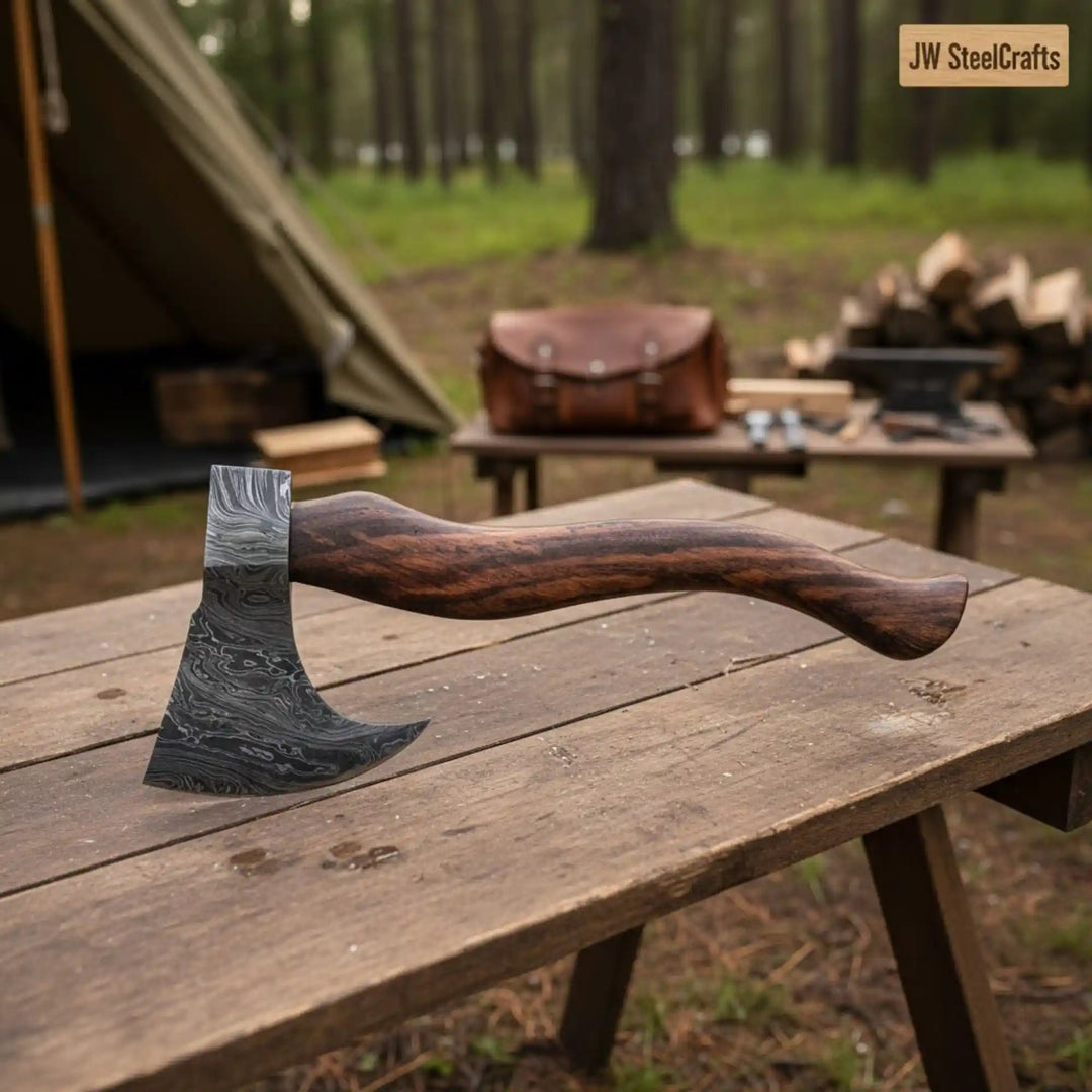 Hand - Forged Damascus Bearded Bushcraft Hatchet with Curved Hardwood Handle handmade Handmade Axe by JW SteelCrafts