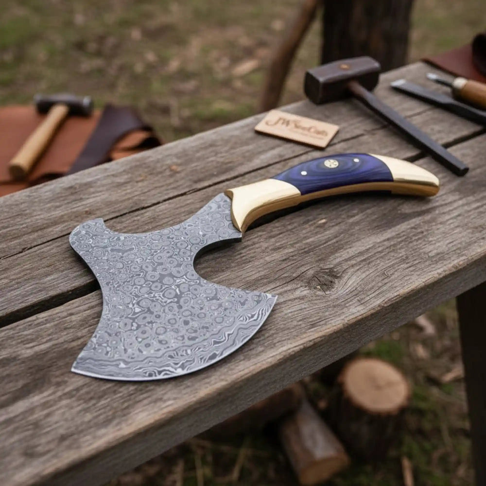 Hand - Forged Damascus Bearded Hatchet with Purple wood and brass Handle handmade Handmade Axe by JW SteelCrafts