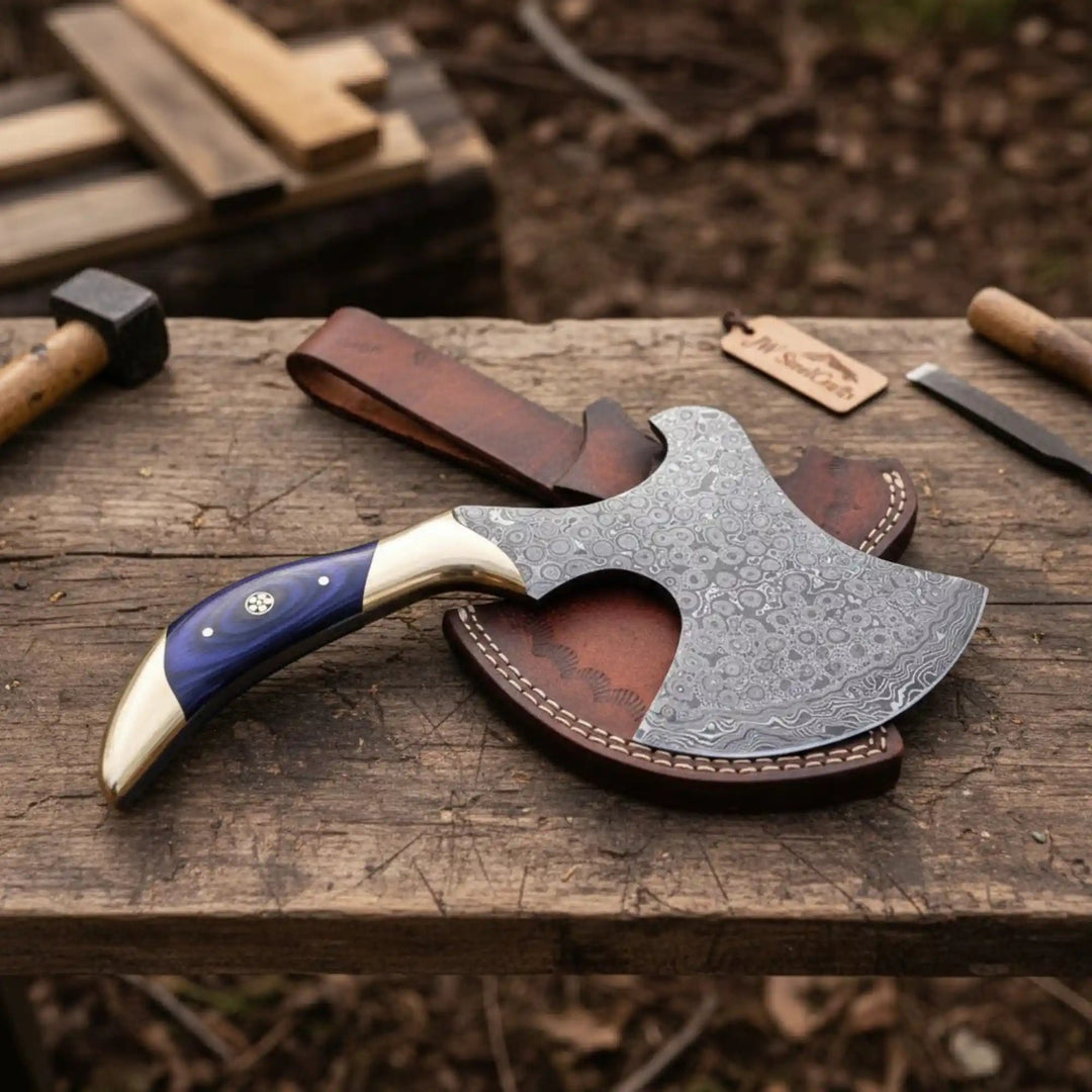 Hand - Forged Damascus Bearded Hatchet with Purple wood and brass Handle handmade Handmade Axe by JW SteelCrafts