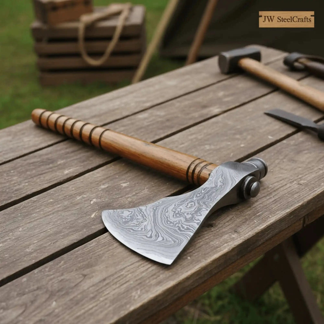 Damascus steel camping hatchet with patterned blade and carved wooden handle placed on a rustic outdoor workbench 
