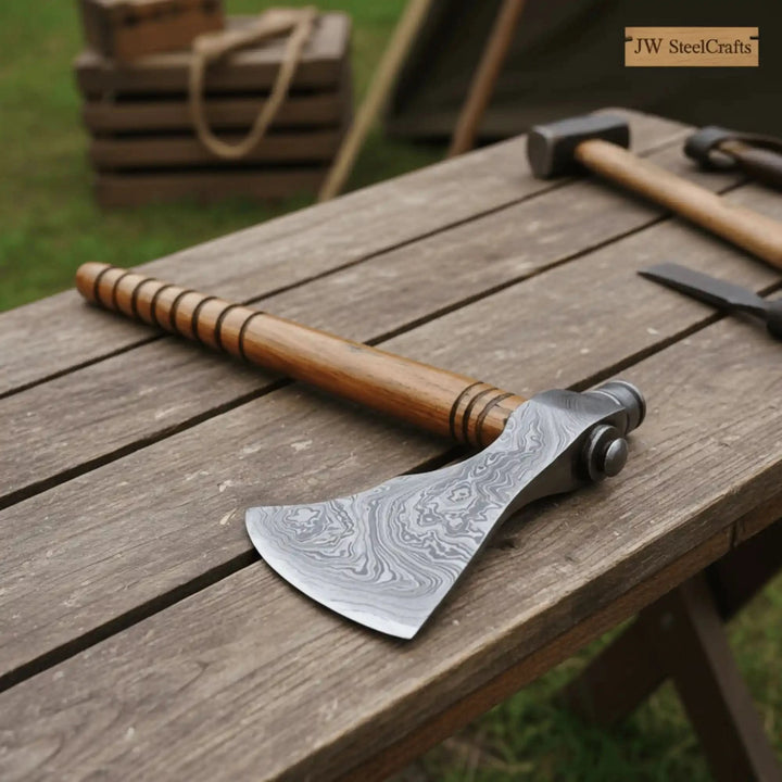 Damascus steel camping hatchet with patterned blade and carved wooden handle placed on a rustic outdoor workbench 